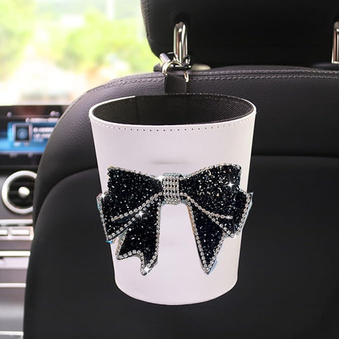 Trash Can for Car Garbage, Hanging with Black Large Diamond Bow Garbage, Waterproof Lined Car Utility Decoration, Suitable for Sedans, SUVs, MPVs & Trucks