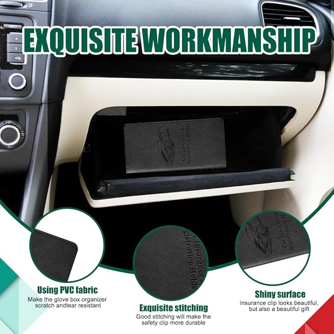 Vehicle Glove Box Car Organizer, Car Registration and Insurance Holder, Insurance Card Holder for Cars, Leather Card Holder Interior Auto Accessories for Women (Black/Large)