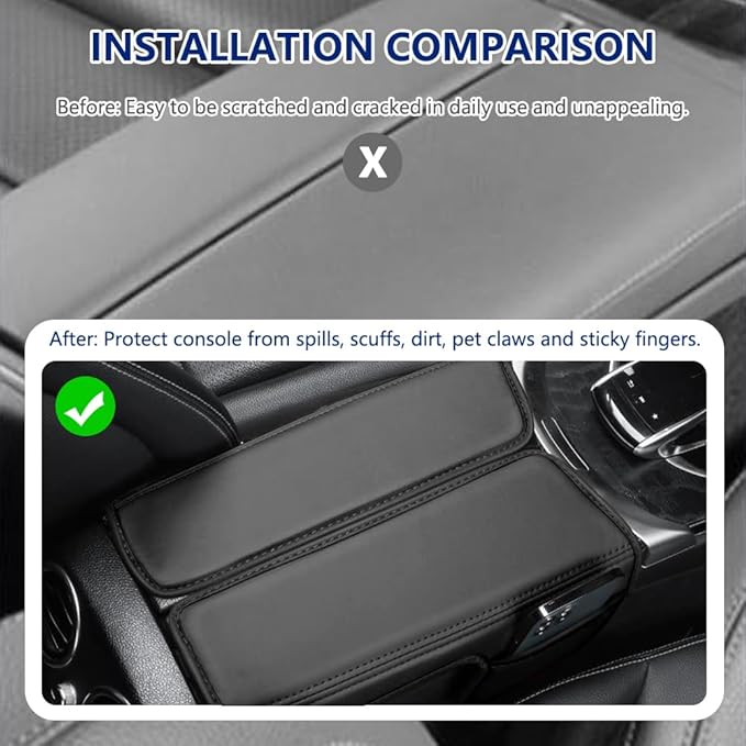 Center Console Cover Compatible with Benz C Class W205 C200 C250 C300 2015-2021 GLC 2016-2022 Class EQC 2019-2024,Armrest Cover Pad Leather Cushion Protector with Black Storage Pocket