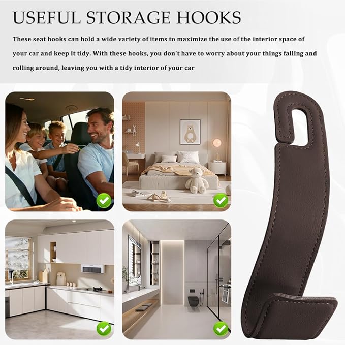 1PCS Purse Holder for Car, Purse Hook for Car, Leather Headrest Hooks for Automotive Back Seat, Auto Accessories Back Seat Organizer Hook for Grocery Bag Handbag Coat (Brown, 1PCS)