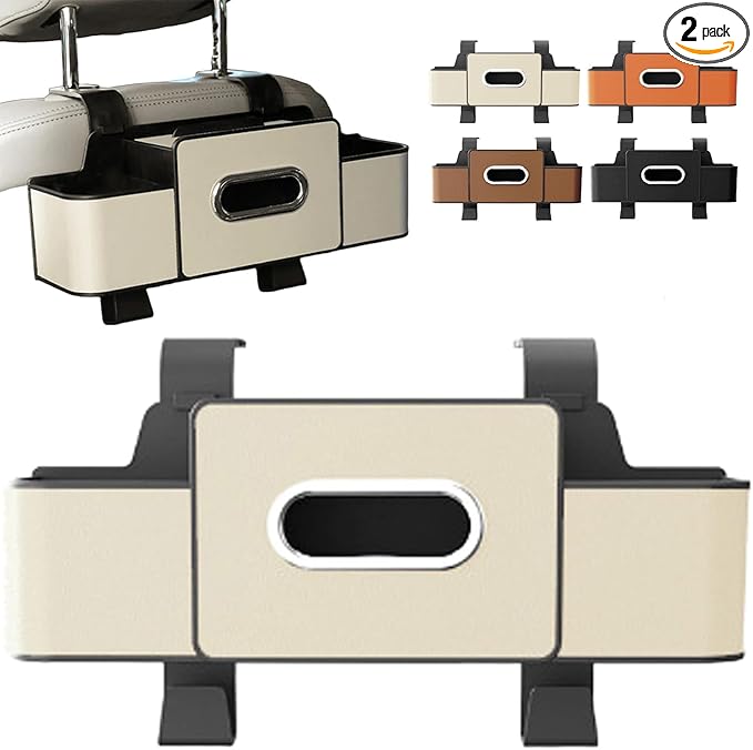 Car Organizer and Storage Box, Car Organizer and Storage Box Back Seat, 4 in 1 Multifunctional Car Back Seat Storage Box with Drink Cup Holder Tissue Box,for Drinks, Handbag (2, Off-White)