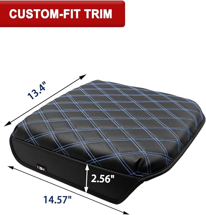 KBH Center Console Armrest Cover for Chevy Silverado GMC Sierra 2019-2026, Tahoe Suburban Yukon 2021-2026, Bucket Seat, Vinyl Leather Trim, Anti-Scratch, Black-Blue Stitch