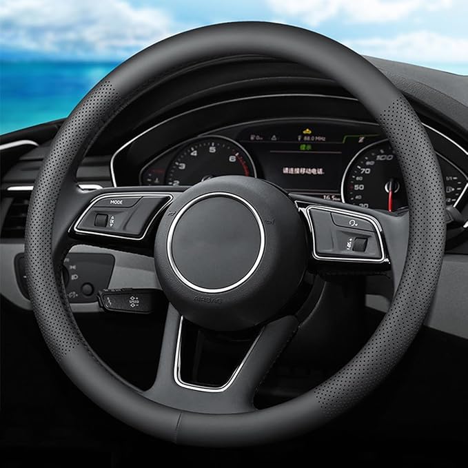 XHRING Car Steering Wheel Cover for Ford F150 F250 Raptor F250 Super Duty F350 Expedition Accessories F-150 XL XLT Lariat King Ranch Platinum Limited Lightning Tremor 2026 Leather Black 15 ½''-16''