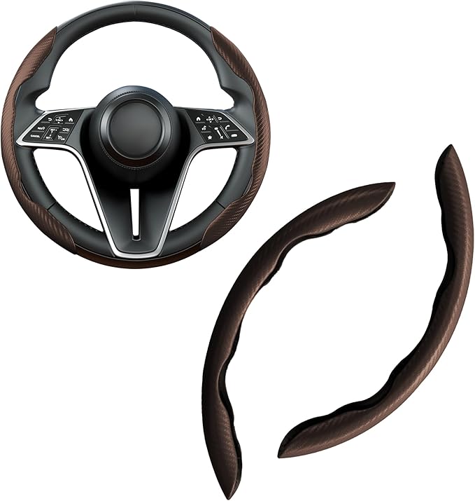 LevChall Carbon Fiber Steering Wheel Cover, 2-Piece Set Anti-Skid Comfortable Grip Segmented Butterfly Design, Easy Snap-On Installation Universal Fit 99% Cars, Brown