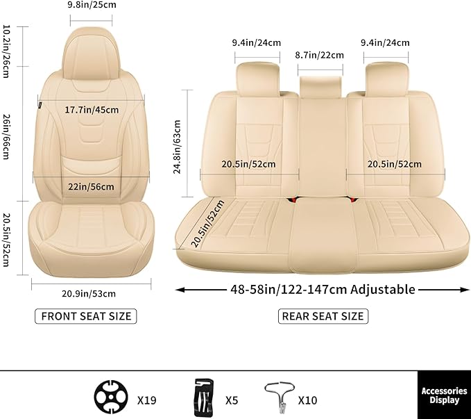 Gripure Car Seat Covers for Full Set – Waterproof & Breathable Faux Nappa Leather, 360° Wrap Design, Airbag Compatible, Lumbar Support, Perfect for Drivers Who Sweat-Breathable Design. – Beige