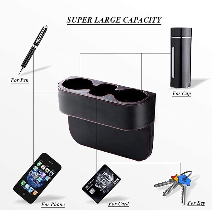 Car Cup Holder, Auto Front Seat Cup Holder, PU Leather Cover Cup Drink Holder, Car Seat Gap Filler Organizer, Side Cup Holder for Car Coin Bucket, Cell Mobile Phone Holder, Black