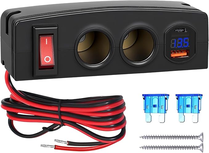 4-in-1 Cigarette Lighter Splitter Car Charger, 2 Socket Cigarette Lighter Adapter with Dual USB Outlet, Master Switch & LED Voltmeter, 12V-24V Power Outlet for Boat Marine Truck RV Golf Cart