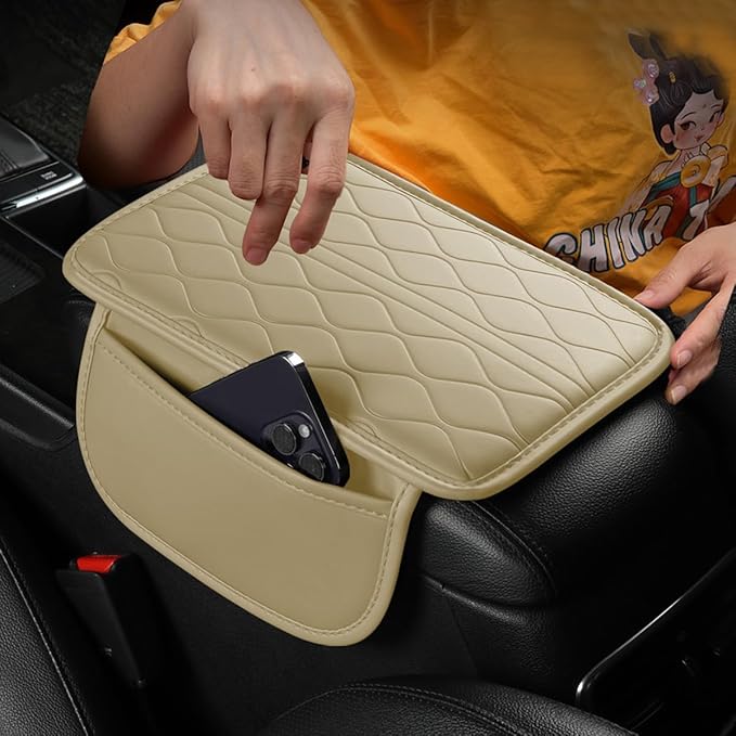 Car Center Console Cover, Leather Vehicle Armrest Seat Box Pad Cushion with 2 Storage Bags, Automotive Interior Arm Rest Protector Accessories, Universal for SUV, Sedan, Truck (Beige)