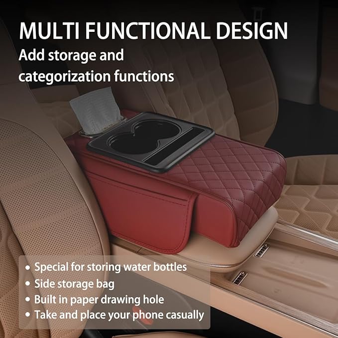 HZEL Car Center Console Cover, Leather Vehicle Armrest Cushion with Storage Bags, Cup Holder ＆ Tissue Box, Waterproof Auto Interior Arm Rest Seat Box Pad, Universal Fit (Wine Red)