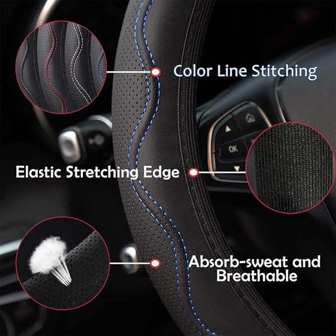 Elastic Stretch Steering Wheel Cover Universal 15 inch Steering Wheel Covers Soft Microfiber Leather Breathable Anti-Slip Durable Car Accessories Fit for Suvs, Vans, Trucks - Blue