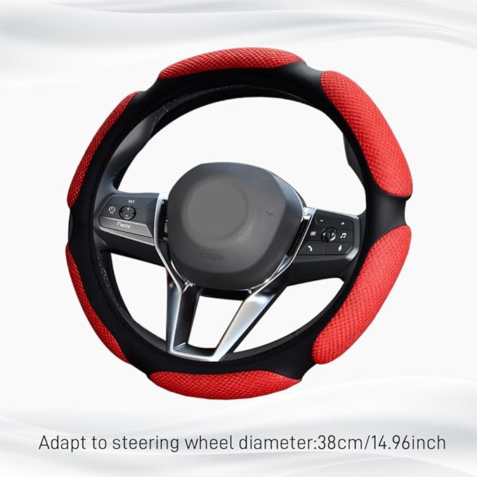 Car Steering Wheel Cover, Breathable Sporty Auto Wheels Wrap, 15 Inch Suede Steering Wheel Protector with Comfortable Grip, Steering Wheel Cover Hand Pad Cushion Slip-on for Cars (Red)