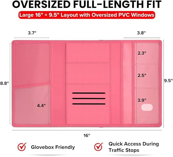 LINTRU Car Registration and Insurance Holder Trifold, Oversized Fit with Reinforced Construction, Matte PU Leather Vehicle Glove Box Organizer for Documents, Car Accessories for Men and Women