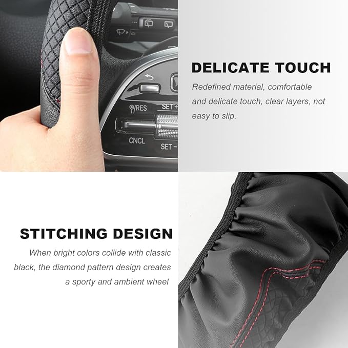 Car Steering Wheel Cover, 15 Inch Carbon Fiber Elastic Vehicle Steering Wheel Protector, Breathable Leather Auto Wheel Covers for Women Men, Interior Car Accessories (Black, AD)
