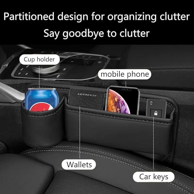 Car Seat Gap Filler Organizer with Cup Holders, Seat Gap Storage Box for Drinks, Phones, Keys, Sunglasses, Cards, and Small Essentials (Black, Driver's Seat)