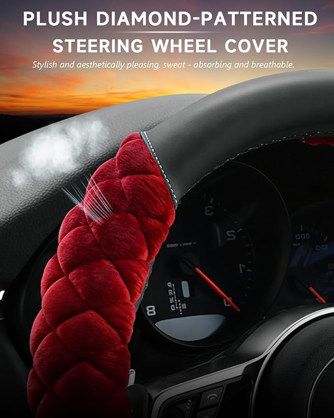 Cxtiy Plush Steering Wheel Cover for Women, Fluffy Soft Warm Winter Steering Wheel Grip for Car Interior Accessories (A-Burgundy)