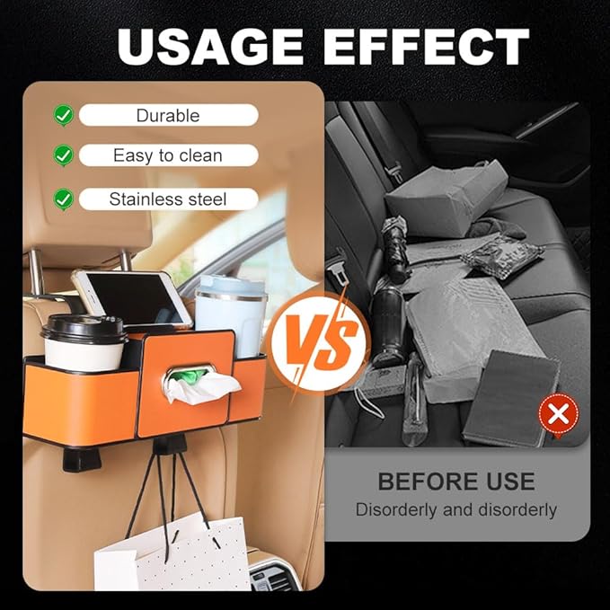 Fiopet 3-in-1 Car Seat Back Storage Box, 2026 New Multifunctional Car Back Seat Organizer with Cup Holder, Tissue Box, Trash Bin & Hooks for Hold Phones, Snacks, Drinks, Handbags (White)
