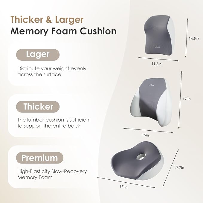 FLORICH Car Seat Cushion & Lumbar Support Pillow & Car Neck Pillow Ergonomic and 100% Memory Foam, Upgraded Larger and Breathable Car Seat Cushion & Back Support Pillow - Grey