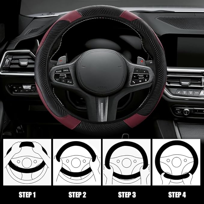 Car Steering Wheel Cover, Steering Wheel Cover Protector, 15 Inch Carbon Fiber Microfiber Leather Elastic Steering Wheel Protector, Car Steering Wheel Accessories for Vehicles (Black WineRed)