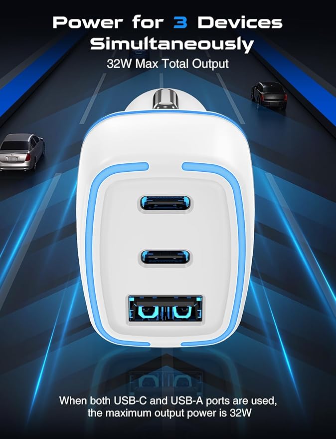 USB C Car Charger, 3 Port PD Super Mini Cigarette Lighter Adapter, 2Pack USB-C & A Fast Car Charging for iPhone 16/15 Pro Max, Galaxy S25/S24, iPad, Pixel, Android Phones,White
