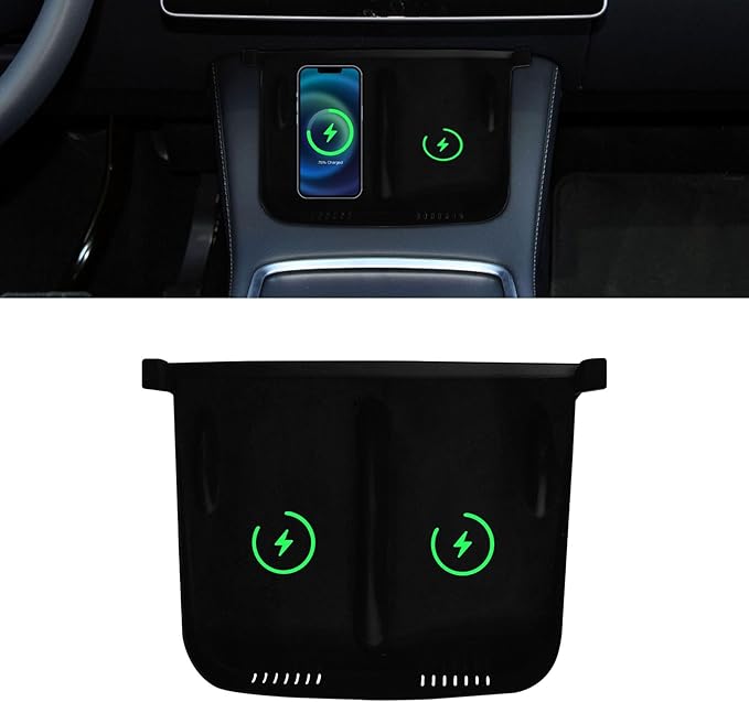 Center Console Wireless Charger Anti-Slip Silicone Mat, Waterproof Phone Pad for Wireless Charging, Car Interior Accessories Universal for Model 3 Model Y 2021-2024 (Luminous, Black)
