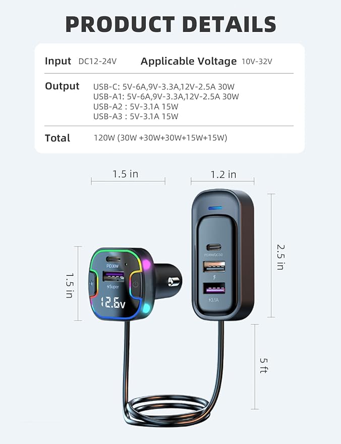 USB C Multi Port Fast Car Charger, PD30W/QC3.0 120W Cigarette Lighter Charger with /5ft Cable Compatible with iPhone 16/15 Pro