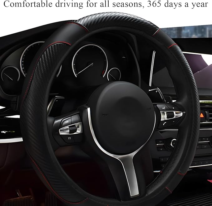 Elastic Steering Wheel Cover with Carbon Fiber Design, Black