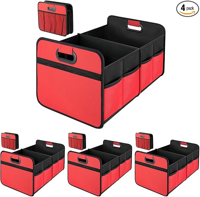 Simple Deluxe Car Trunk Organizer, 2 Compartments Collapsible Trunk Storage, Anti-slip Design, Made of Waterproof 600D Oxford Polyester, Suitable for SUV, Minivan, Truck, Standard Size, Red