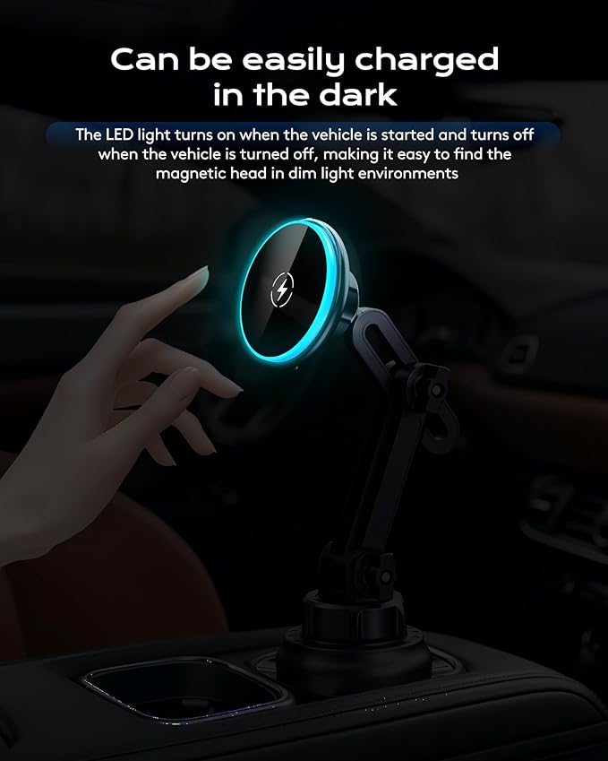 Magnetic Cup Phone Holder Car Wireless Charger for MagSafe, 15W Fast Charging Car Mount Stand for iPhone 16 Pro Max/15/14/13/12, Cupholder Expander, LED Light Ring, Strong N52 Magnets