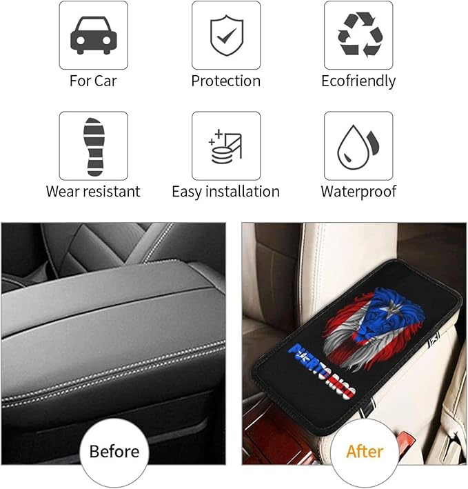 Vintage Lion Head Puerto Rico Flag Auto Center Console Armrest Cover Car Handrail Box Cushion Pad Mat Universal Fit Most Vehicle Sedan Truck SUV Soft Comfort Decor Accessories
