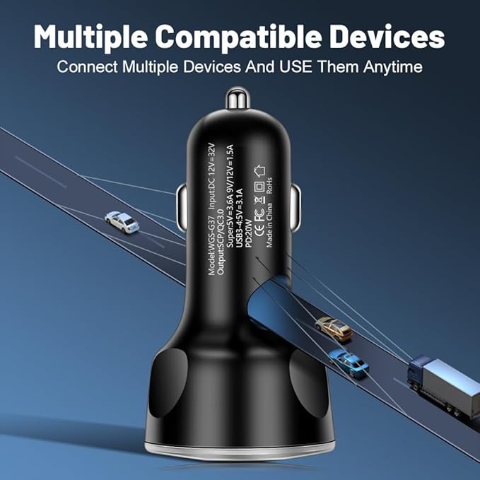 5-in-1 Multi-Port USB C Car Phone Charger with Voltage Display, 250W Super Fast Charge Cigarette Lighter USB Charger for iPhone/Android/Samsung/iPad Pro and More (Black)
