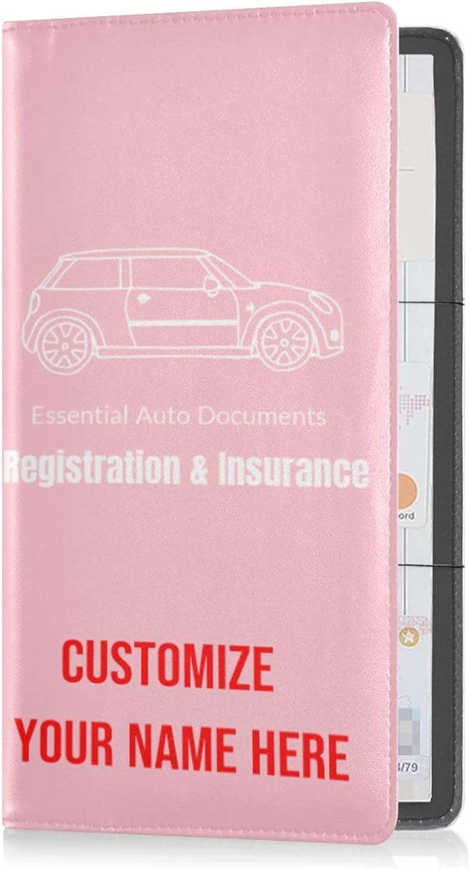 Caihoyu Custom Car Registration and Insurance Card Holder Personalized Leather Glove Box Organize Men Women Wallet Accessories Case for Cards, Essential Document Driver License Pink