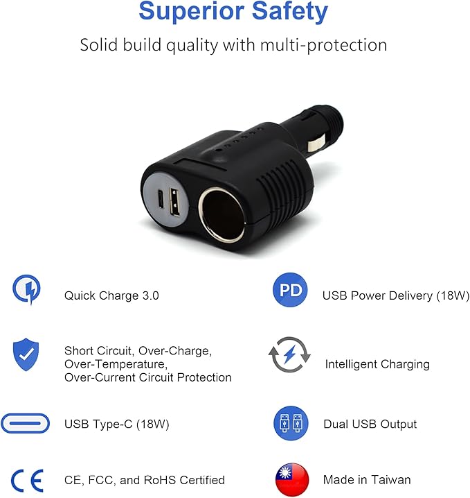 Cliff Top Cigarette Lighter Adapter for Cars, 12V Car Charger Splitter with USB C PD, Car Cigarette Lighter Splitter Plug, Double 12V Car Adapter with Socket for GPS Dash Cam Phone