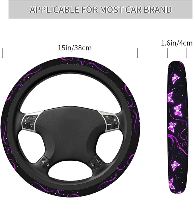 Swono Butterfly Purple Steering Wheel Cover for Men Women Abstract Purple Butterfly and Flower On The Black Universal 15 Inch Auto Neoprene Case Anti-Slip Car Wheel Protector