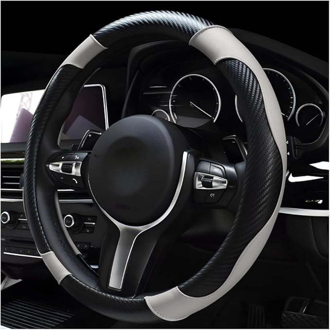 Car Steering Wheel Cover, 15 Inch Carbon Fiber Leather Stitching Color Steering Wheel Protector, Anti-Slip Elastic Breathable Steering Wheel Cover Stylish Decor for Most Cars (Black & White)