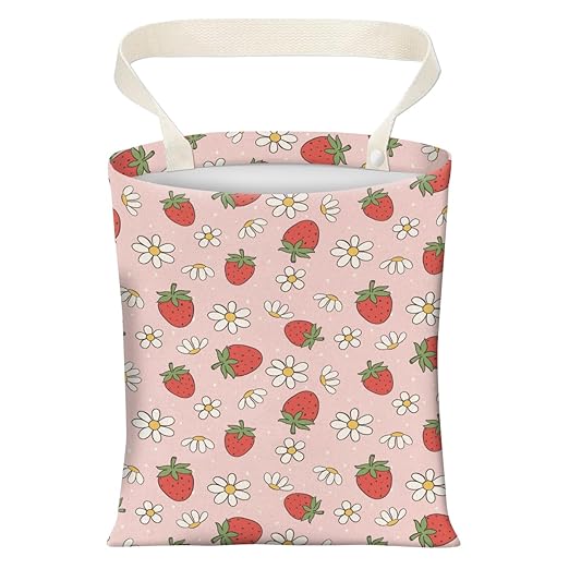 AXZOPDE Cute Car Trash Can, Hanging Canvas Car Back Seat Organizer and Storage Bag, Funny Car Trash Bag For Travelling, Outdoor Cute Pink Strawberry Flowers