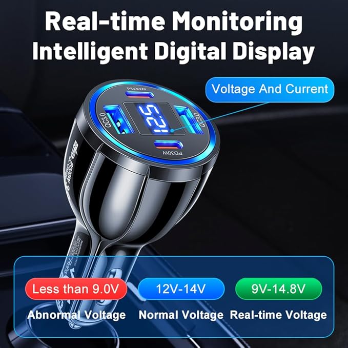 USB C Car Phone Charger Adapter with Voltmeter Compatible with iPhone 16 15 14 13 12 11, Android, Samsung, 100W 4 in 1 Multi-Port Fast Charging Cigarette Lighter USB Charger (Black)