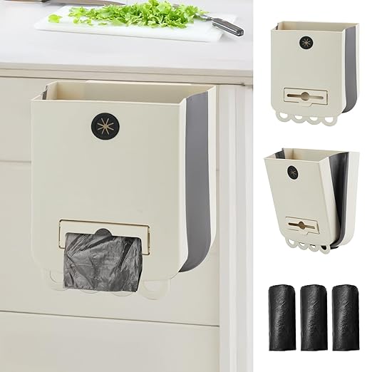 Collapsible Trash Can for Kitchen, Hanging Trash Can with 60 Pcs of Garbage Bags, Plastic Folding Garbage Bin, Compost Bin Kitchen 2.64 Gallon