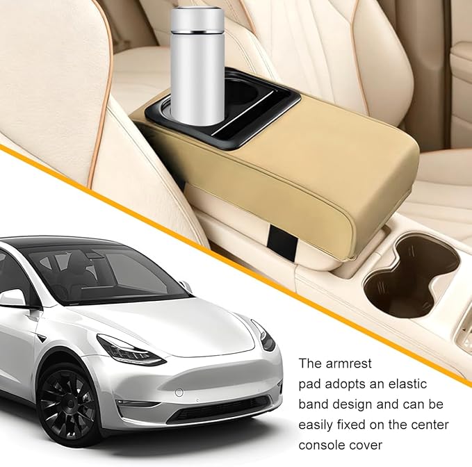 Car Center Console Armrest Pillow, Leather Vehicle Middle Console Protection Cushion with Cup & Phone Holder, Waterproof Automotive Arm Rest Box Cover Accessories, Universal Fit (Beige)