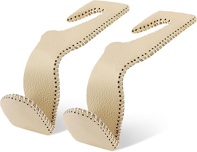Etre Jeune Car Bag Hooks - 2 Pack Beige Leather Seat Hooks for Hanging Purses, Bags and Coats