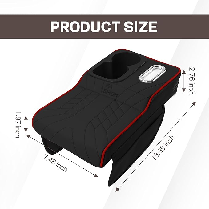 Car Center Console Armrest Pillow, 13.4"×7.5"×2" Leather Auto Arm Rest Cover with Pocket & Tissue Box & Cup Holder, Multifunctional Vehicle Armrest Cushion Pad, Car Accessories (Black+Red)
