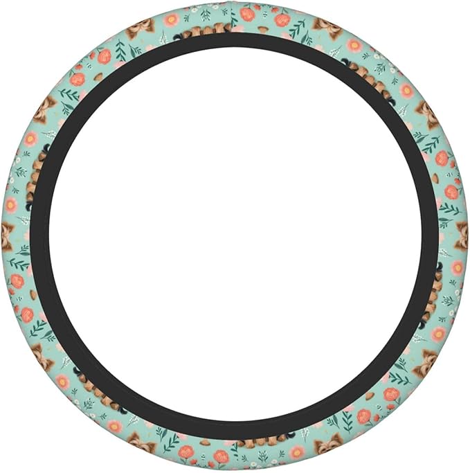 Dogs Flower Art Universal Fit Steering Wheel Cover for Car, Truck, and SUV, Durable Steering Wheel Protection