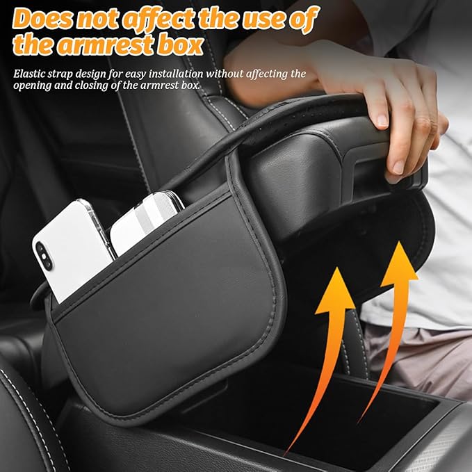 Car Center Console Cover, Leather Vehicle Armrest Box Pad with 2 Storage Bags, Automotive Interior Arm Rest Cushion Protector Accessories, Universal for SUV Sedan Truck (Beige)
