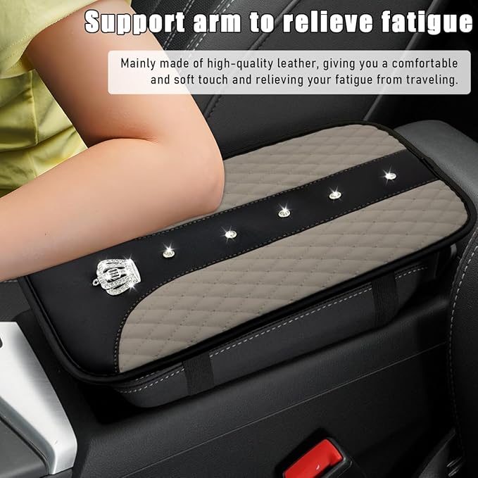 Bling Crown Car Center Console Mats, Anti-Slip and Waterproof Crystal Car Armrest Pad Protector, Universal Rustproof Armrest Decor Cushion for Cars & SUVs, Car Accessories (Gray)
