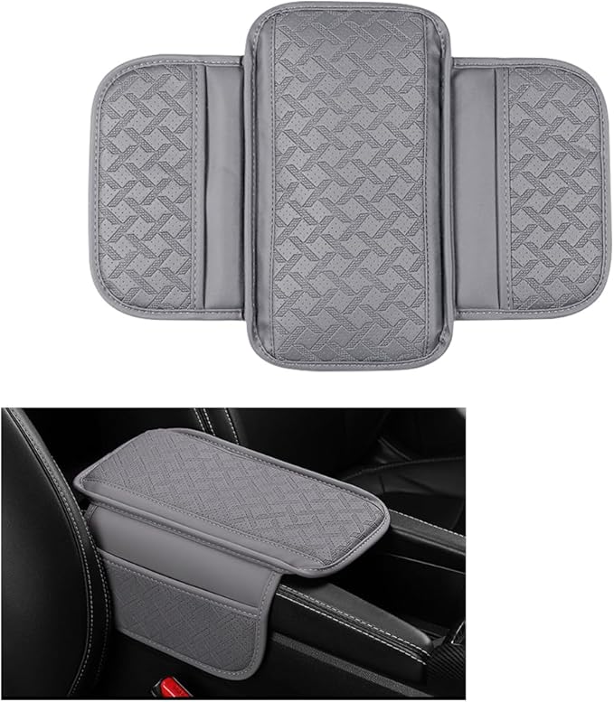 Car Center Console Cover, Microfiber Leather Vehicle Armrest Protector Cushion with 2 Storage Bags, Auto Middle Console Armrest Seat Box Pad Accessories, Universal for Most Cars (Gray)