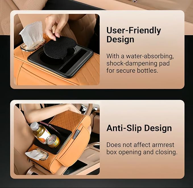 Multifunctional PU Leather Car Armrest Box Mat Organizer with Cup Holders, Universal 5-in-1 Car Armrest Storage Box Mat with Central Elbow for Most Cars (Cayenne Yellow)