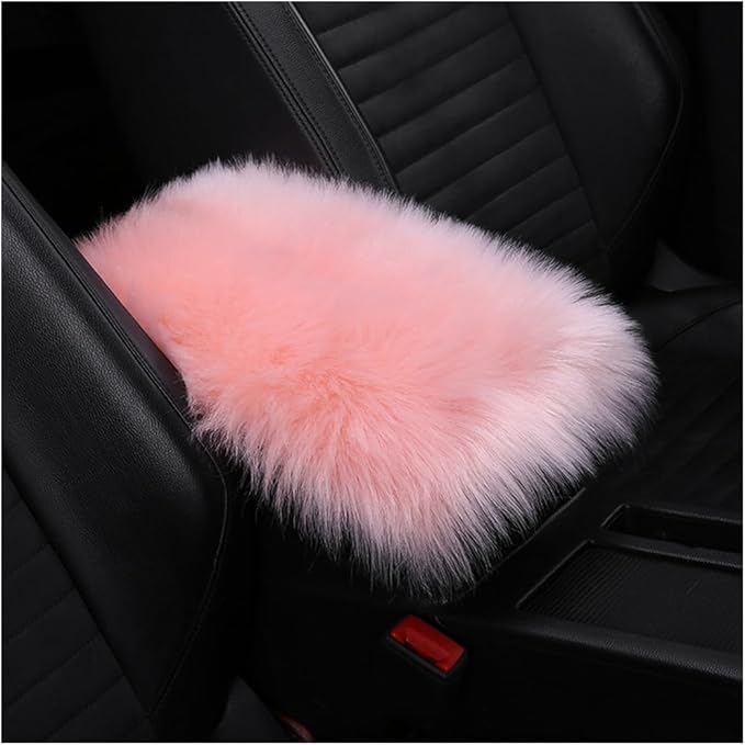 Auto Center Console Pad, 11.8" x 7.9" Furry Armrest Cover Universal for SUV/Truck/Car, Warm Winter Premium Faux Sheepskin Wool, Soft Fluffy Car Armrest Seat Box Cushion Protector (Pink)