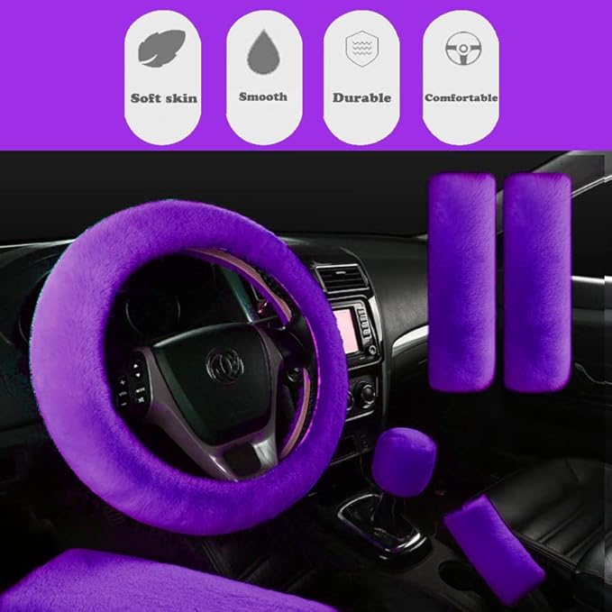 15inches Universal Leather Car Steering Wheel Cover Car Accessories Colorful Fuzzy Steering Wheel Cover Gear Shift Cover Handbrake Cover (Purple)