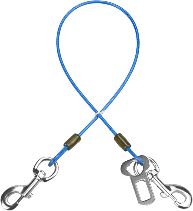 Dog Seat Belt Harness for Car,Dog Seatbelt of Coated Wire Leash Safety Restraint,No Chew Tether Cable Vehicle Dogs Accessories,Double Clips & Latch (Blue, 24 inch/60 CM)