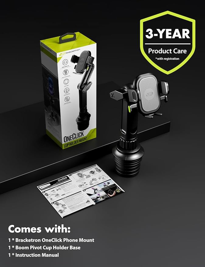 Bracketron OneClick Cup Phone Holder for Car - Universal Cup Holder Phone Mount, Fits Devices up to 4.2", 360° Rotation with Twist-Expand Base & Folding Support Legs