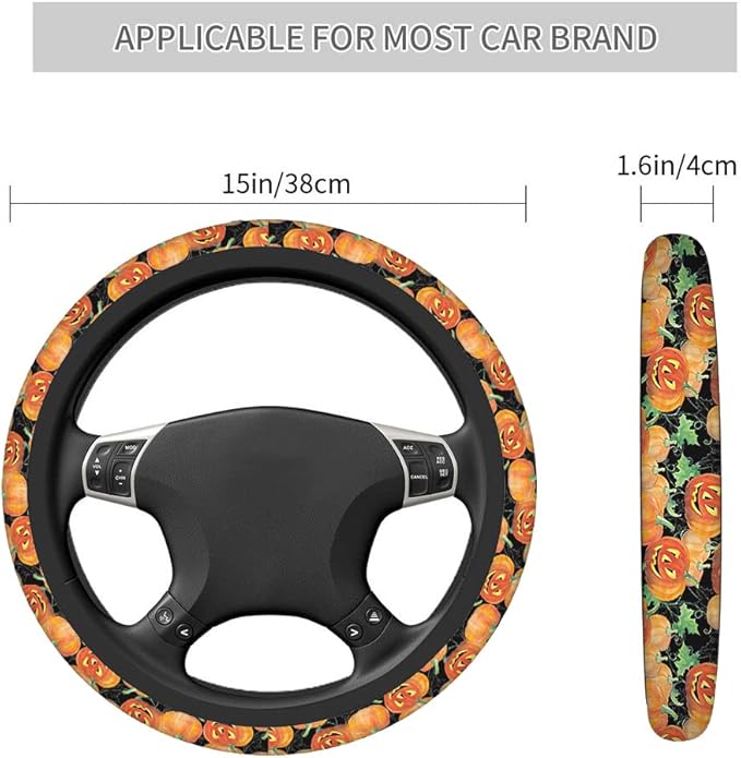 Swono Pumpkins Universal Neoprene Steering Wheel Cover Cute Halloween Pumpkins Orange 15 Inch Steering Wheel Covers,Printed Steering Wheel Elastic Protection for Women and Girls